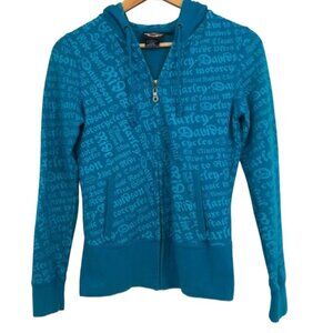 Harley Davidson  Bright Teal Blue All Over Text zipper front Hoodie size SP